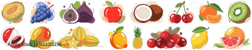Fresh fruit vector set. Melon, grapes, fig, apple, coconut, cherries, mandarin, kiwi, lychee, mango, carambola, orange, pineapple, cranberry, lemon and grapefruit illustrated in modern flat style