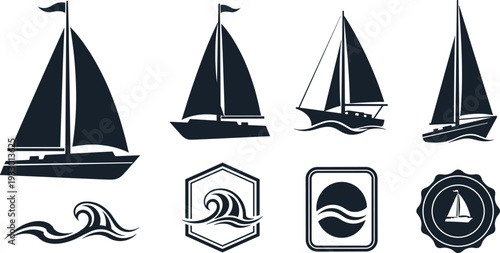 Sailing Boat and Ocean Wave Vector Illustration Set with Yacht Silhouettes Nautical Marine Vessel Icons and Decorative Sea Wave Badges