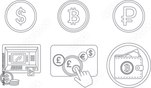 Various symbols and icons representing digital and traditional currency transactions