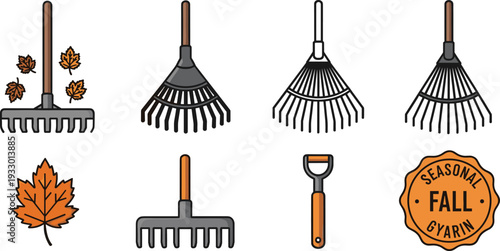 Seasonal Fall Gardening and Raking Vector Illustration Set with Various Garden Rake Designs Orange Maple Leaf and Autumn Yard Work Badge Icons