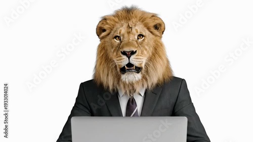 Lion head businessman using laptop