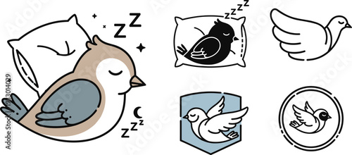 Sleeping Bird and Night Rest Vector Illustration Set with Cute Bird Character on Pillow Flying Dove Silhouettes and ZZZ Sleep Symbol Badge Icons