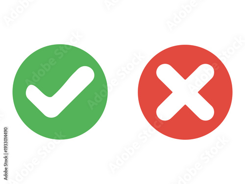 Green Check Mark and Red Cross Icons in Circle – Validation, Confirmation and Approval Badge Vector Set