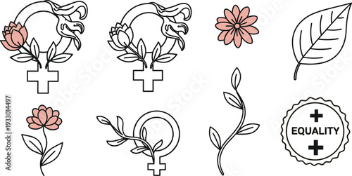 Women Equality and Feminism Vector Illustration Set with Female Gender Symbol Pink Flowers Leafy Vines and Equality Badge Icons