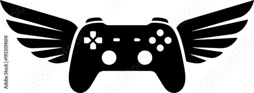 Game controller with wings in black and white icon. Flying gamepad symbol. Concept of fast gaming and online entertainment. Vector illustration for design