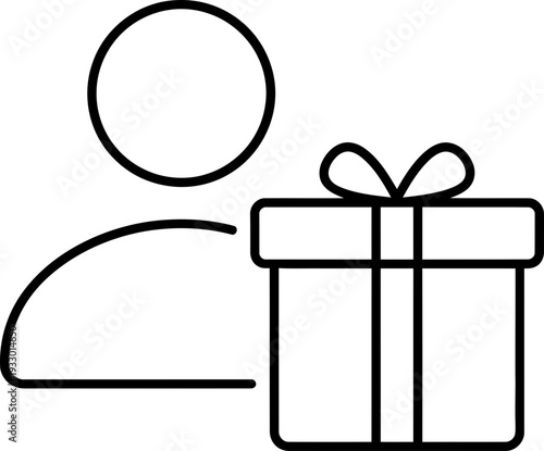 User profile with gift box icon. Account present, bonus reward, special offer and loyalty program concept. Thin line vector symbol illustration
