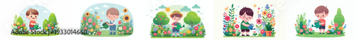 vector of happy little boy watering flowers in spring