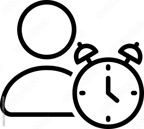 Man user profile with alarm clock. Time management and appointment reminder concept. Outline icon for web, mobile app, and interface graphic