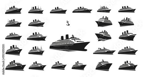 Collection of various cruise ships in black and white, maritime transport.