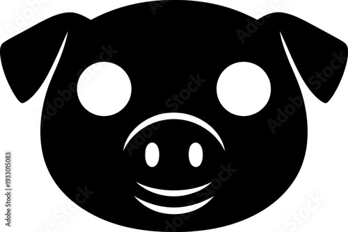 Black pig head farm animal icon. Happy smiling swine face symbol. Livestock mammal illustration for agriculture, food, butcher shop design