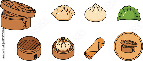 Dim Sum and Asian Cuisine Vector Illustration Set with Traditional Bamboo Steamer Basket Dumplings Gyoza and Spring Roll Food Icons
