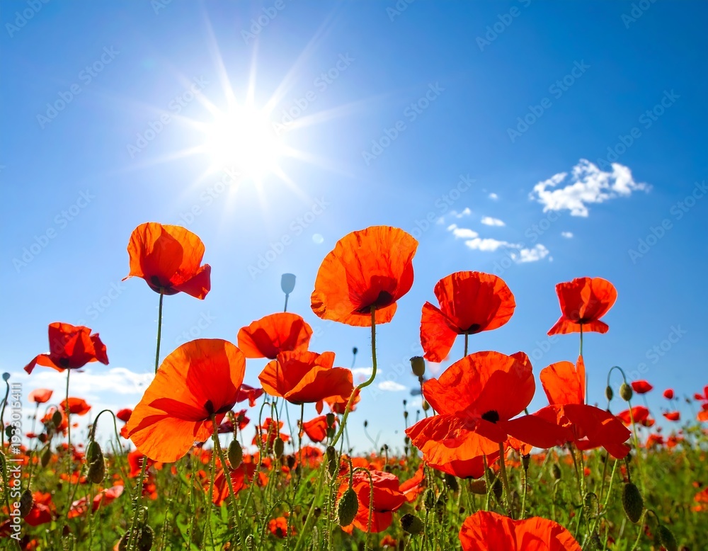 Fototapeta premium Red poppies blooming in a green field under a bright sun and blue sky backdrop