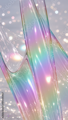 Iridescent translucent abstract fluid waves with rainbow colors and soft bokeh background