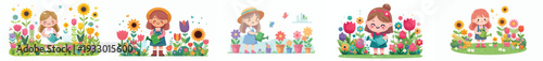 vector of happy little girl watering flowers in spring