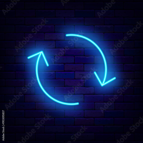 Turquoise circle arrows. Around the clock label on brick wall. Circle arrows. Download, upload and next concept. Simple frame. Glowing poster. Editable stroke. Vector stock illustration