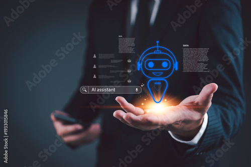 Businessman holding glowing AI assistant robot hologram with voice search bar. Concept of artificial intelligence technology, smart virtual chatbot, automated helpdesk and digital communication.