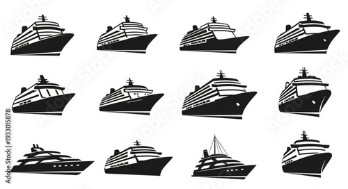 Collection of cruise ships in various angles, black and white illustrations.