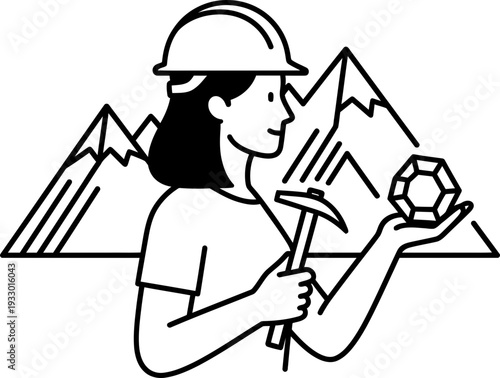 Woman geologist mining in mountains holding a pickaxe and holding a large crystal gemstone. Mining, mineral exploration concept. Vector illustration