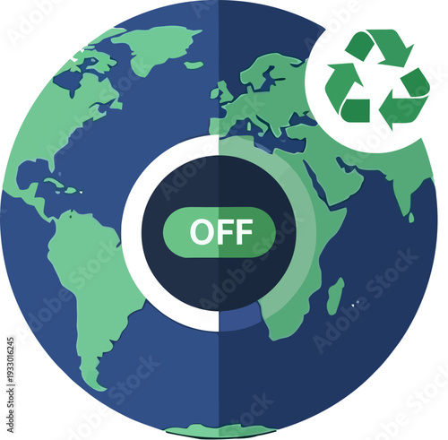 Recycling concept with an earth globe divided in half with a switch indicating ON and OFF, representing environmental awareness