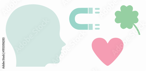 Love, mind, human, thought, clover, luck, law of attraction, positive, heart, abundance, well-being. Magnetism, mentality, creation, consciousness, blessing. Strength, vector, set