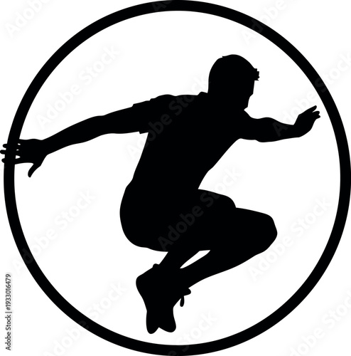 Sports silhouette of a man in motion dynamic athlete oval frame