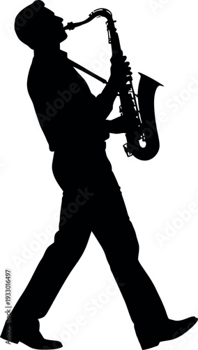 Sports silhouette of a man playing saxophone in motion