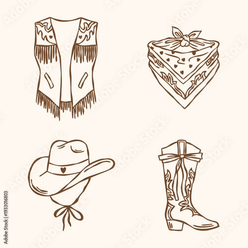 Cowgirl Clothing Wild West illustrations set. Cowboy hat, boots. Western Rodeo bachelorette 