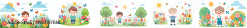 vector of a little boy standing happily on park in spring