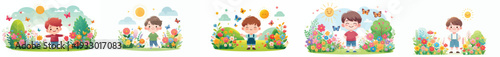 vector of a little boy standing happily on park in spring