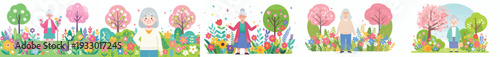 vector of a grandma standing happily on park in spring