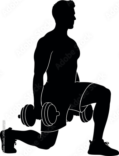 Sports silhouette of a man doing lunges with dumbbells