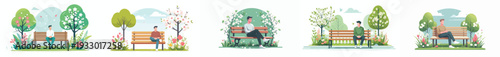 vector of a man sitting happily on a park bench in spring