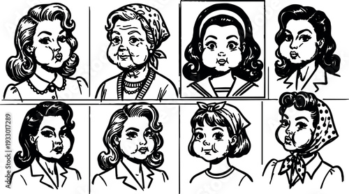 Tattoo flash retro ink portraits grid of nine vintage women faces with varied ages expressive cheek puffs looking straight ahead