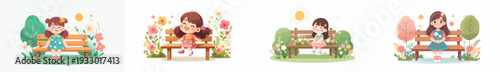 vector of a little girl sitting happily on a park bench in spring