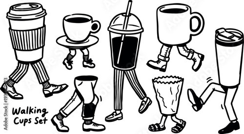 Whimsical kids doodle walking cups set with coffee mug to go cup and paper bag characters in playful stride illustration