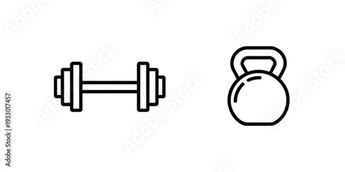 Weightlifting equipment including dumbbells and kettlebells for strength training. Vector
