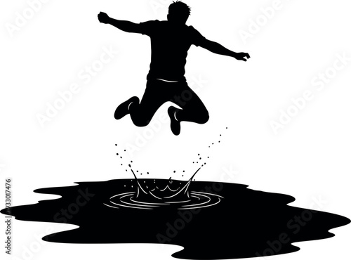Sports silhouette of a man jumping in air with water splash