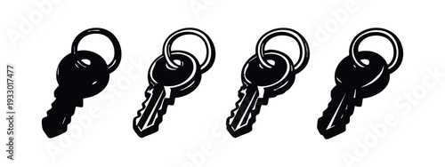 Set of Detailed 3D Key Icons with Ring, Featuring Metallic Textures and Shadows