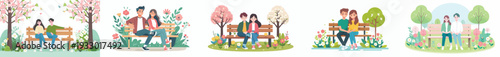 vector of a young couple sitting happily on a park bench in spring