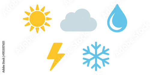 Weather icons representing sunny, cloudy, rainy, stormy, and snowy conditions Vector