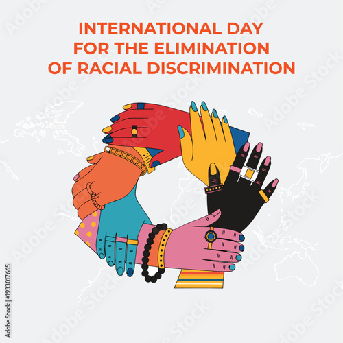 International day for elimination of racial discrimination concept with diverse hands forming circle over world map outline