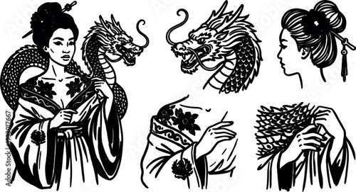 Tattoo flash coiled dragon and geisha adjusting kimono with floral chest tattoo looking away three quarter view bold line art