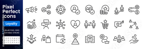Loyalty marketing line icon set. Referral, cashback, target audience, partnership vector illustrations. Simple outline signs for customer retention. 48x48 Pixel Perfect pictogram. Editable Stroke.