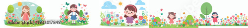 vector of a little girl standing happily on park in spring