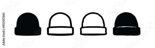 Set of four winter beanie hat icons in black and white styles, isolated on white background, representing cold weather fashion.