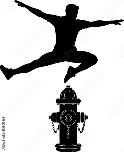 Sports silhouette of a man jumping over a fire hydrant