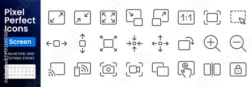 Screen line icon set. Resize, zoom, fullscreen, capture, lock, select area, scalable minimal vector illustrations. Simple outline signs for display interface. 48x48 Pixel Perfect. Editable Stroke.