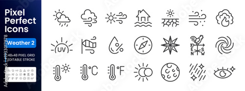 Weather climate line icon set. Sun shower, flood, hurricane, thermometer, uv index, drought minimal vector illustrations. Simple outline forecast signs. 48x48 Pixel Perfect pictogram. Editable Stroke.