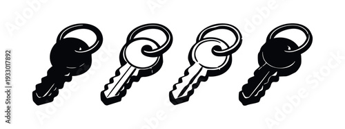 Set of four key icons in various styles, isolated on white background, representing access and security.