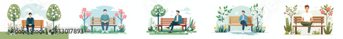vector of a man sitting happily on a park bench in spring